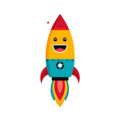 Whimsical cartoon rocketship with a cheerful expression and vibrant colors ready for takeoff. Space travel fun.