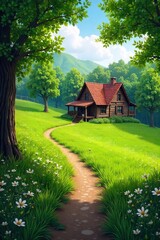 Fototapeta premium A winding path through a lush green meadow leads to a cozy, rustic home nestled amongst trees, symbolizing the journey and destination of family life , house, tranquil
