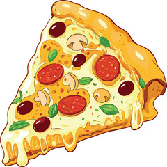 Artistic vector of a melted cheese pepperoni pizza slice, hand-drawn and appetizing.