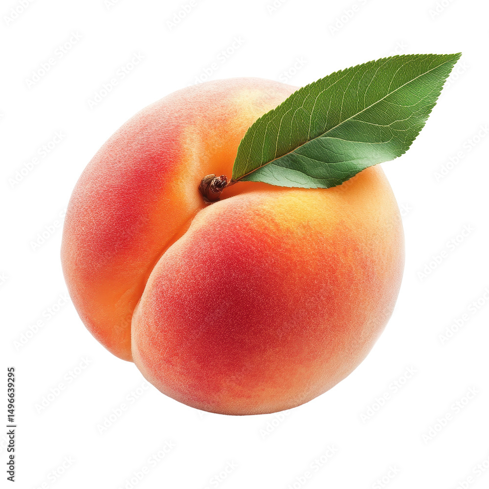 Poster ripe peach with vibrant color and leaf on a transparent background creating a fresh and inviting app