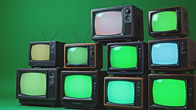 stacked retro tvs turning on green screens. blue dark tone. you can replace green screen with the footage or picture you want with &ldquo;keying&rdquo; effect in ae (check out tutorials on internet).