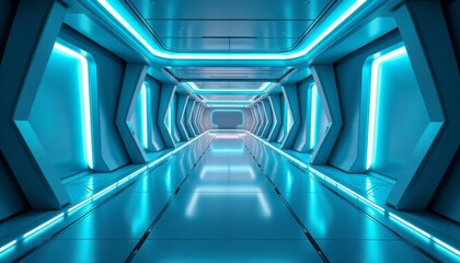 Obraz premium Sci Fi Tunnel Interior Electric Blue Lights in a Metallic Hallway Leading to an Unknown Destination