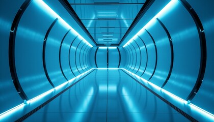 Fototapeta premium Sci Fi Tunnel Interior Electric Blue Lights in a Metallic Hallway Leading to an Unknown Destination