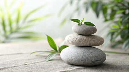 Obraz premium Stacked stones with a small plant on top and greenery background