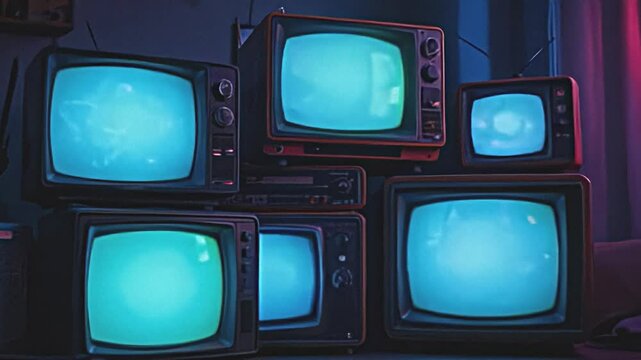 stacked retro tvs glowing with vibrant green screens, intricate reflections of blue dark tones enhancing the vintage design, various textures on the tv surfaces