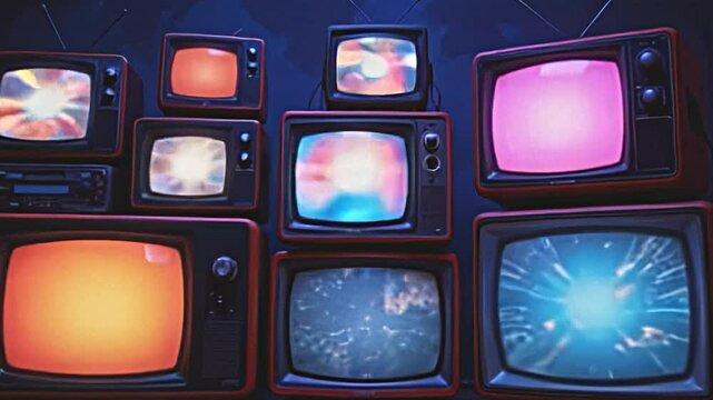 stacked retro tvs glowing with vibrant green screens, intricate reflections of blue dark tones enhancing the vintage design, various textures on the tv surfaces