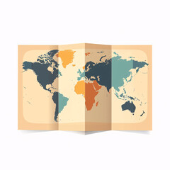 Vintage Folded World Map with Colorful Continents for Travel Planning and Geographic Education

