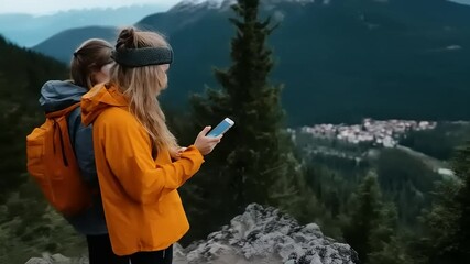 Digital Nomadism: Friends exploring stunning mountainous landscape using augmented reality app - Powered by Adobe