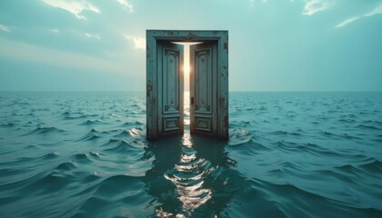 A surreal scene of an open doorway standing in the ocean reflecting sunlight and promising escape.
