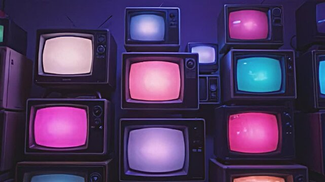 an artistic display of retro tvs stacked creatively, glowing green screens bursting with potential, enveloped in deep blue shadows, intricate details on the tv bodies