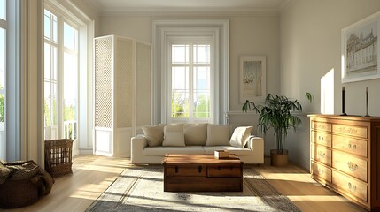 A sun-drenched living room with a decorative screen and light-colored furniture.