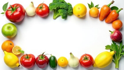 Variety of organic fruits & vegetables isolated, harvest, vegan