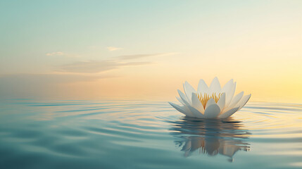 Serene white water lily floating on calm water at sunset.  Peaceful nature scene ideal for meditation, spa, or wellness themes.