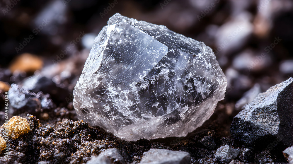 Poster macro photograph of a single, translucent crystal resting on dark soil, showcasing intricate details