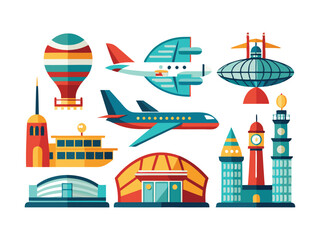 Flat design icons of transportation and buildings
