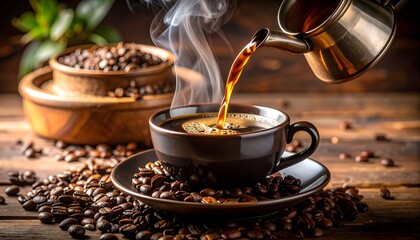 Fototapeta premium Steam rising from hot black coffee being poured, detailed close-up with swirl motion, cozy cafe ambiance