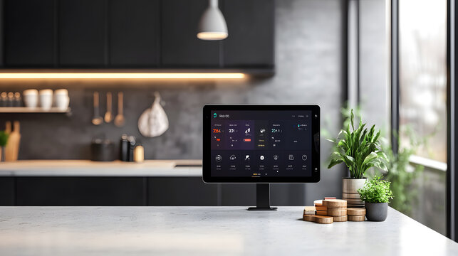 Smart home dashboard displayed on tablet in modern kitchen with plants and sleek design