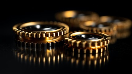 Close-up of golden gears with reflection on dark surface