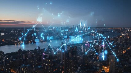 Night cityscape with digital financial data overlay - Powered by Adobe