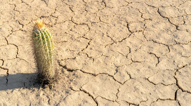 Lone cactus bravely endures harsh desert landscape, cracked earth showcasing aridity and resilience.