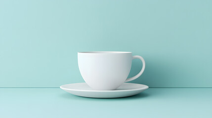 White tea cup and saucer set against soft blue background, creating minimalist and serene atmosphere