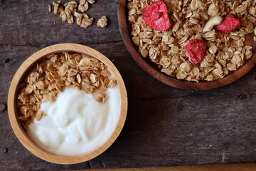 Dairy fresh yogurt milk and granola healthy food