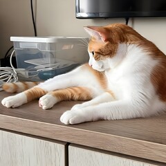 A domestic short-haired cat with orange and white fur is lying stretched out on a wooden cabinet. The cat has an orange patch on its back and head