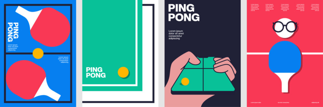Minimalist ping pong poster series with colorful paddles and dynamic compositions.
