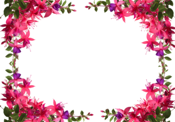 Bright fuchsia flowers green leaves frame exotic tropical botanical border