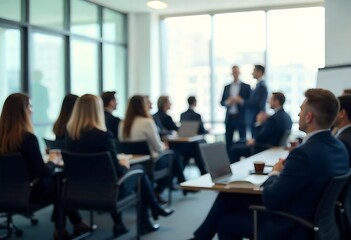 Fototapeta premium Generative AI Corporate seminar with blurry vision in the office setting