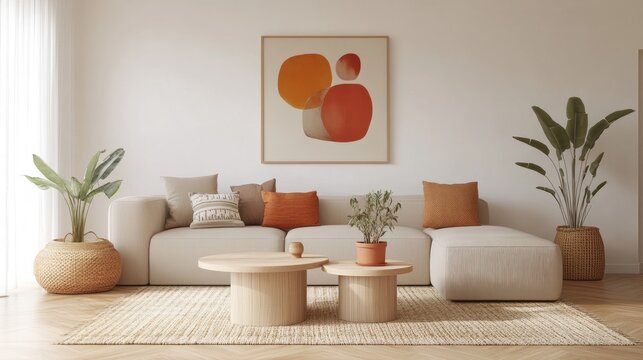 Calm living room with beige sofa, wooden coffee tables, orange and terracotta accents, and potted plants