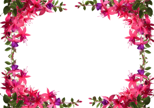Bright fuchsia flowers green leaves frame exotic tropical botanical border