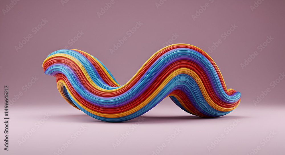 Poster colorful abstract swirled form in a minimalist studio setting. dynamic, smooth curves with vibrant r