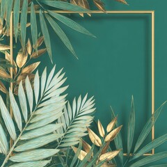 A golden frame on a green background with palm leaves. A minimalistic concept.