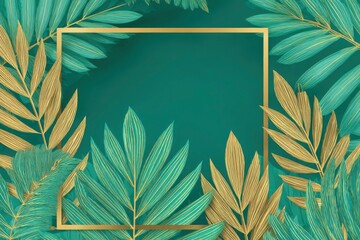 A golden frame on a green background with palm leaves. A minimalistic concept.