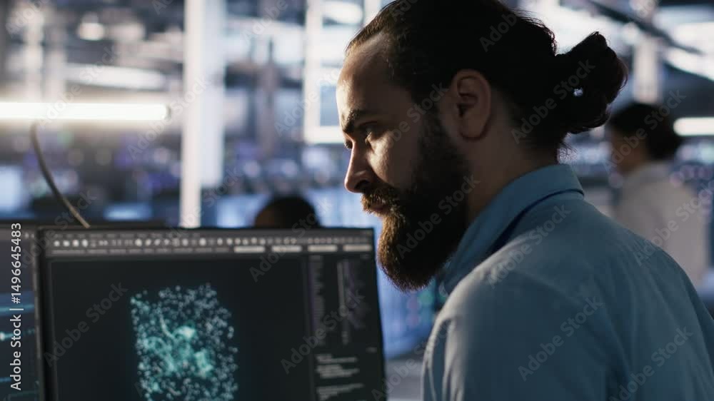 Poster exhausted computer scientist in server room reviewing neural network outputs, suffering from mental 