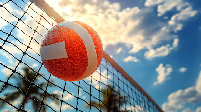 Vibrant orange volleyball in net against a sunny sky with fluffy clouds; summer sports action shot. - Powered by Adobe