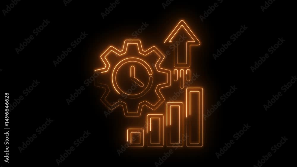 Poster productivity workflow management and performance increase with clock gear and bar chart neon icon