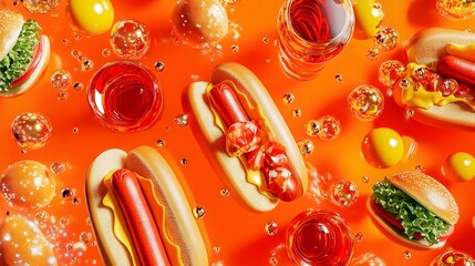 Floating fast food and drinks on an orange background.