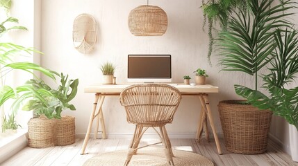 Cozy, minimalist home office with natural elements