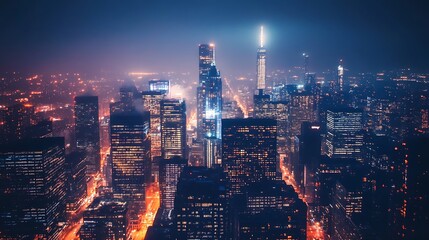 Obraz premium City skyline at night, illuminated by lights.
