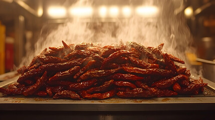 Steaming pile of dried red chilies, vibrant colors, close-up shot, food photography, spicy, hot, cooking, cuisine, ingredient, culinary.