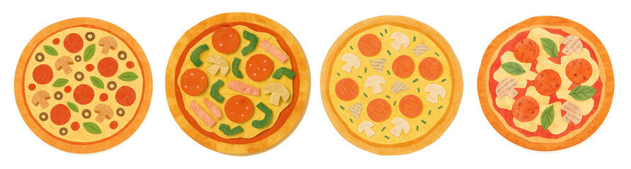 PNG Colorful illustrated pizza varieties, element set on transparent background