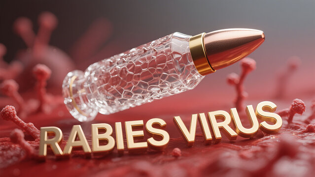 The transparent bullet shaped model and the text "RABIES VIRUS" represent the presentation of rabies virus characteristics and the enhancement of disease cognition concepts.