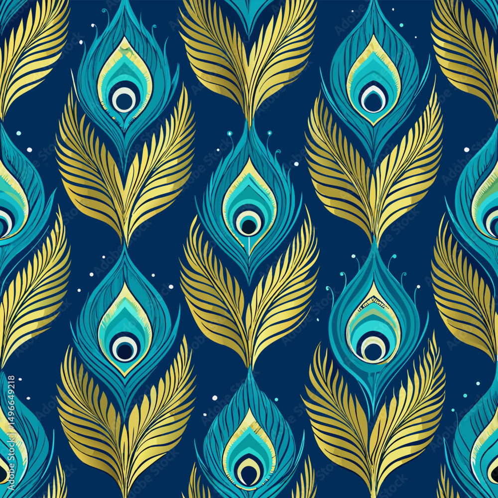 Poster seamless peacock feather vector pattern. elegant bird feather texture design with colorful ornamenta