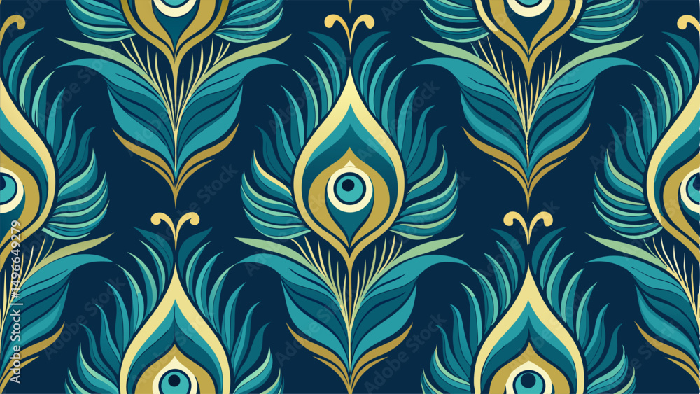 Poster seamless peacock feather vector pattern. elegant bird feather texture design with colorful ornamenta