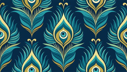 Seamless peacock feather vector pattern. Elegant bird feather texture design with colorful ornamental background   © azad