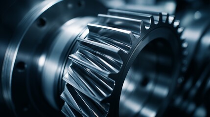 Helical gear macro close-up with sharp steel teeth