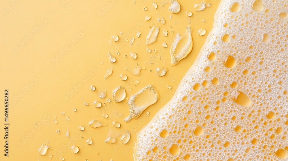 Poster close-up of vibrant yellow surface with bubbles and water droplets showcasing texture and detail in 