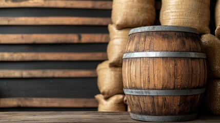 Naklejka premium Rustic Wooden Barrel Against Hops Bags in a Vintage Aging Station Interior Setting